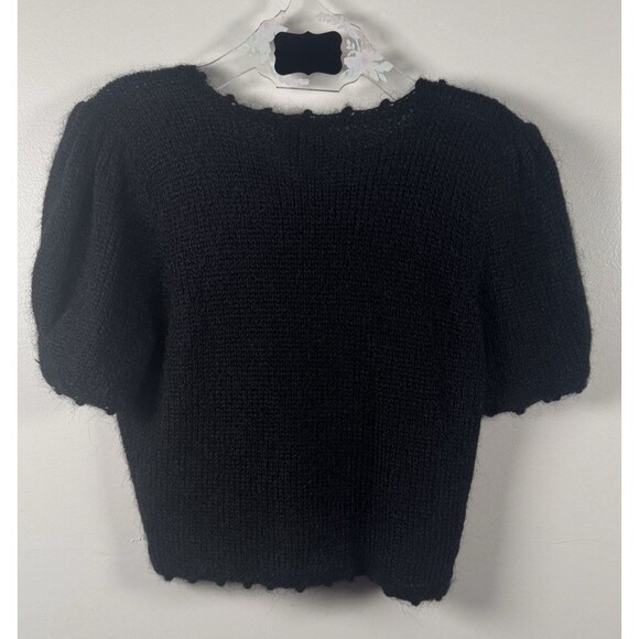 VINTAGE Susan Bristol floral applique cardigan black puff sleeves sweater Medium - Picture 7 of 7